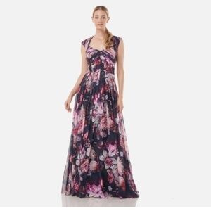 Kay Unger Noelle Pleated Floral Maxi Party Formal Prom Gown Dress